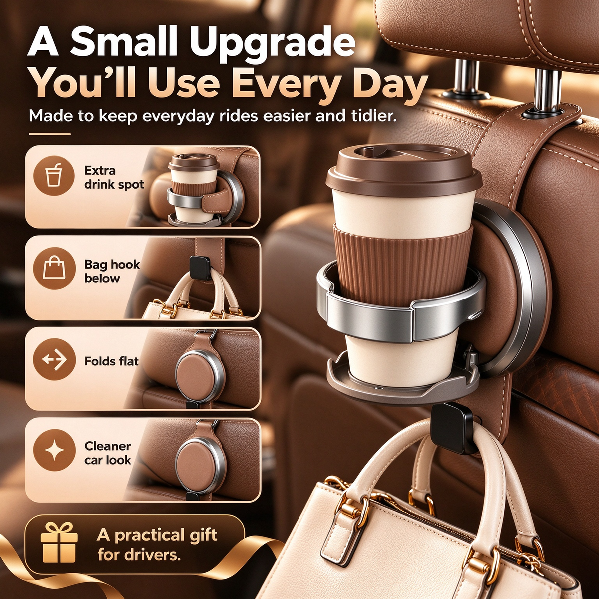Foldable Car Seat Cup Holder with Hook