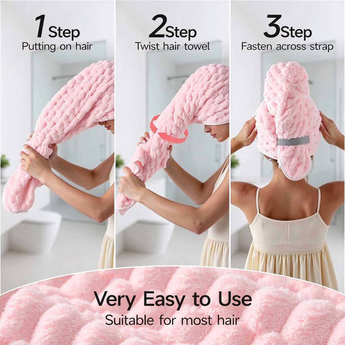 Three step instructions for putting on microfiber hair drying towel