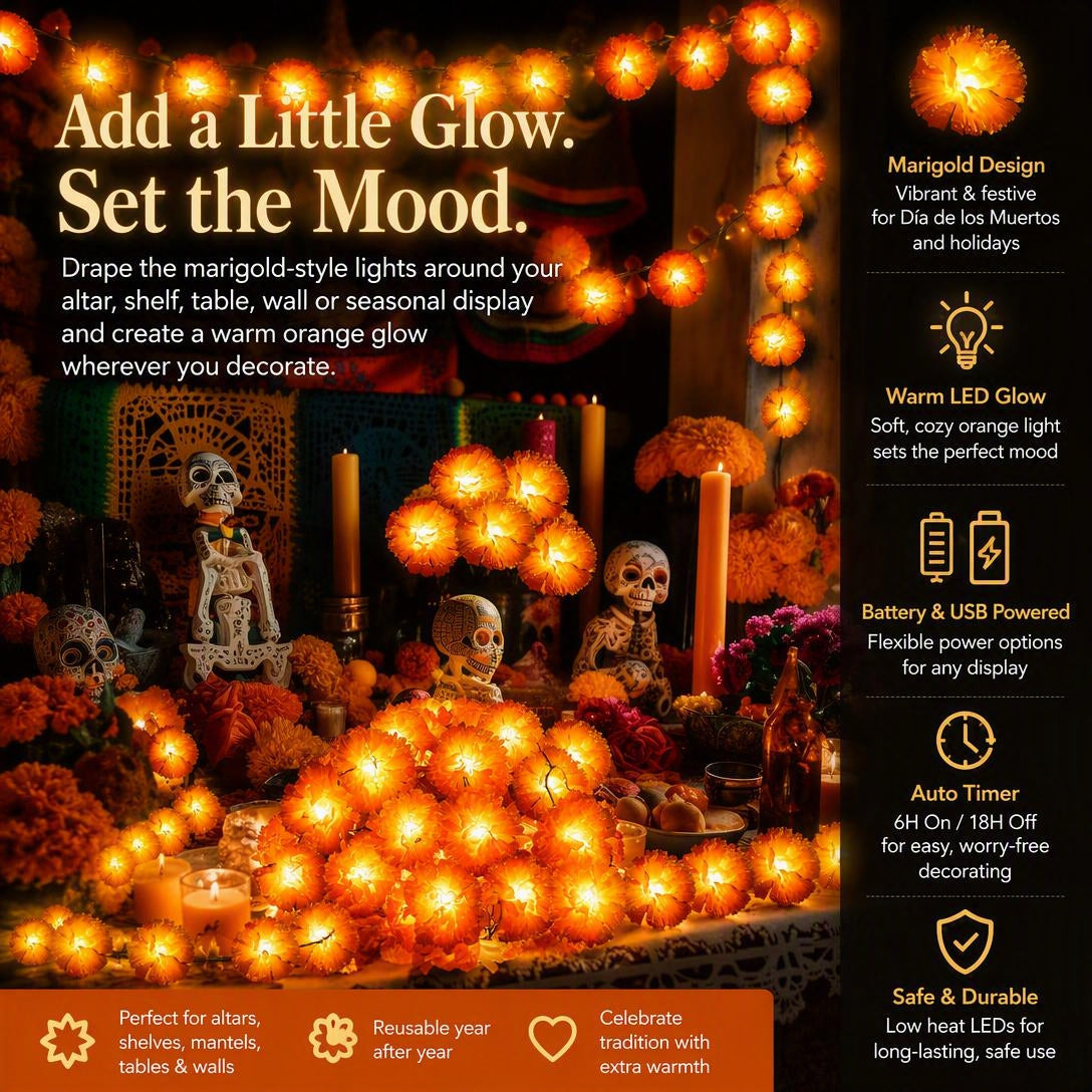Marigold LED Memorial String Lights For Ofrendas & Remembrance