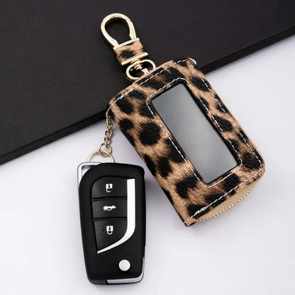 🐆Leopard-Print Ultra-Soft PU Leather Universal Car Key Pouch – Zippered Organizer with Transparent Window