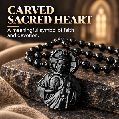 Natural Obsidian Jesus Sacred Heart Pendant Necklace