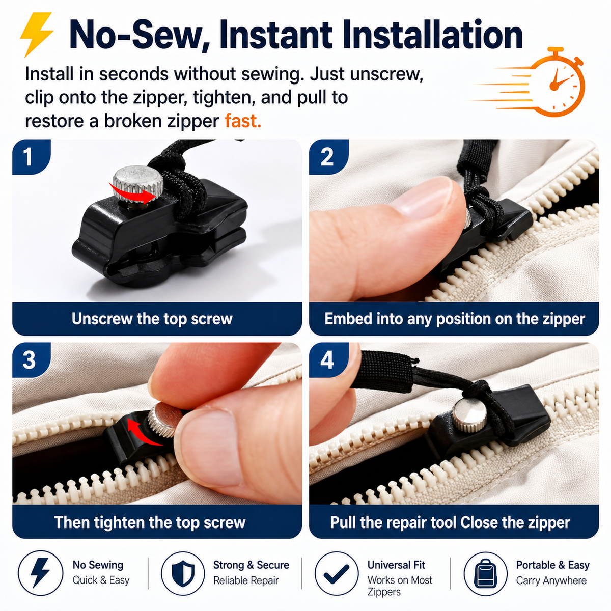 ⚡ Fix Any Broken Zipper in Seconds! Universal Detachable Zipper Repairer (No Sewing Required) 🧵