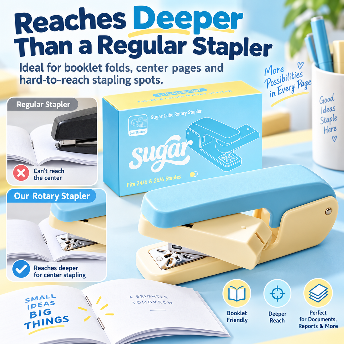Rotating Swing Arm Stapler, 360 Degree Long Reach Stapler