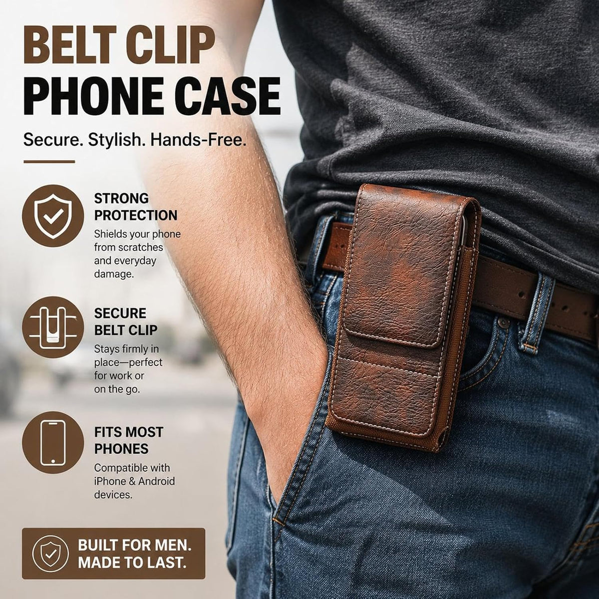 Brown belt clip phone pouch worn at the waist