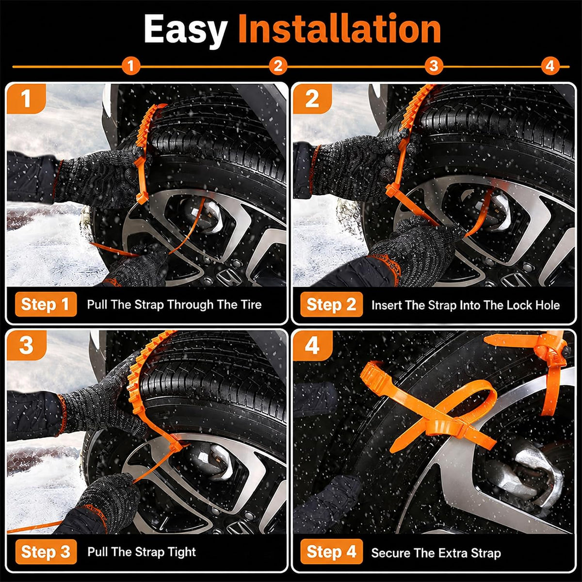 Four-step installation guide for belt-style tire traction straps