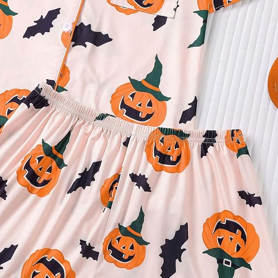 🎃👔Women's Halloween Printed Collar Short-Sleeved Shorts Pajama Set
