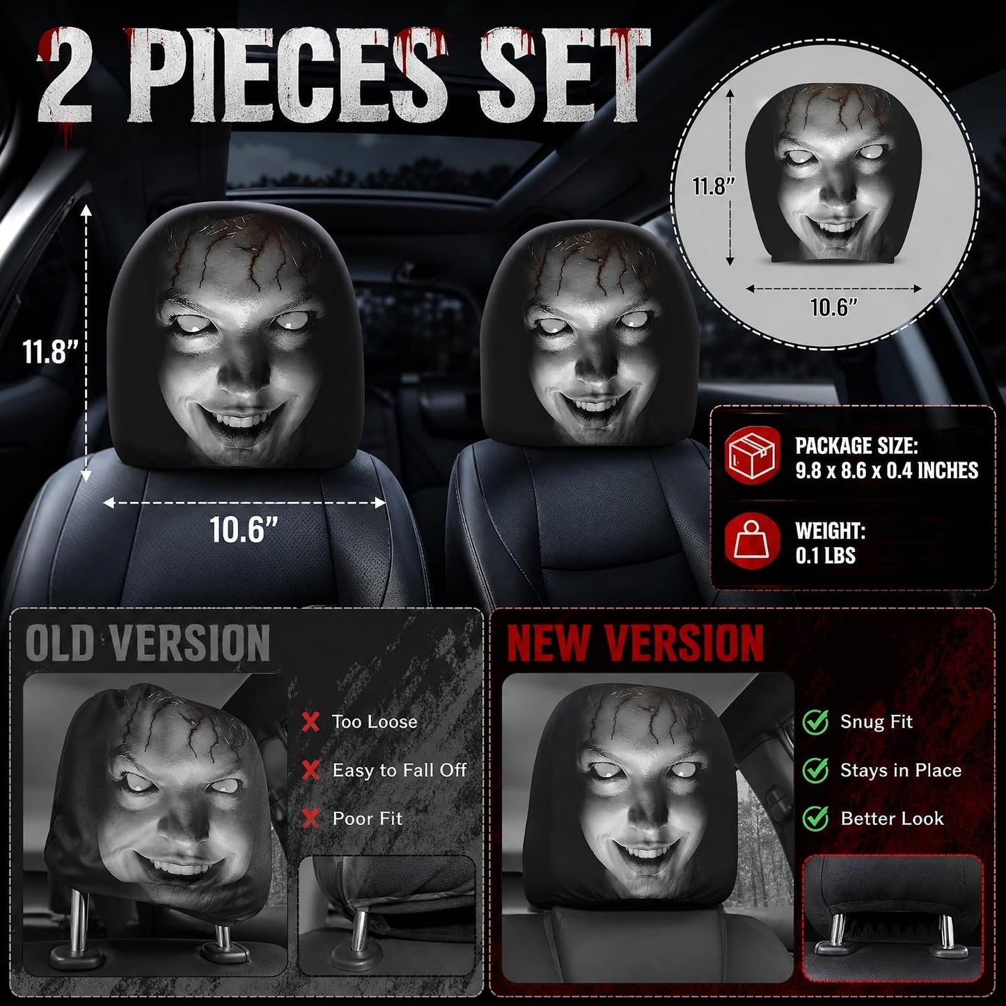 2-Pack Scary Car Headrest Covers, Halloween Car Decorations