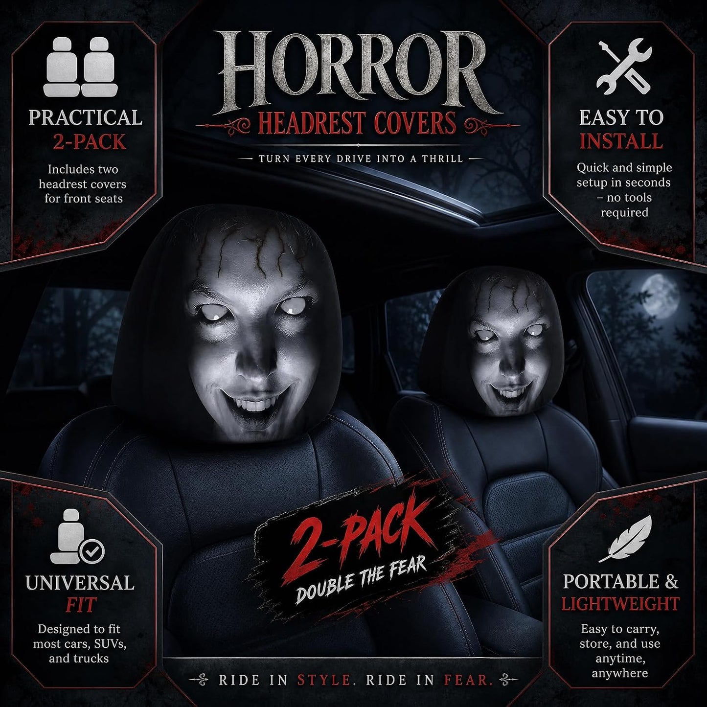 2-Pack Scary Car Headrest Covers, Halloween Car Decorations