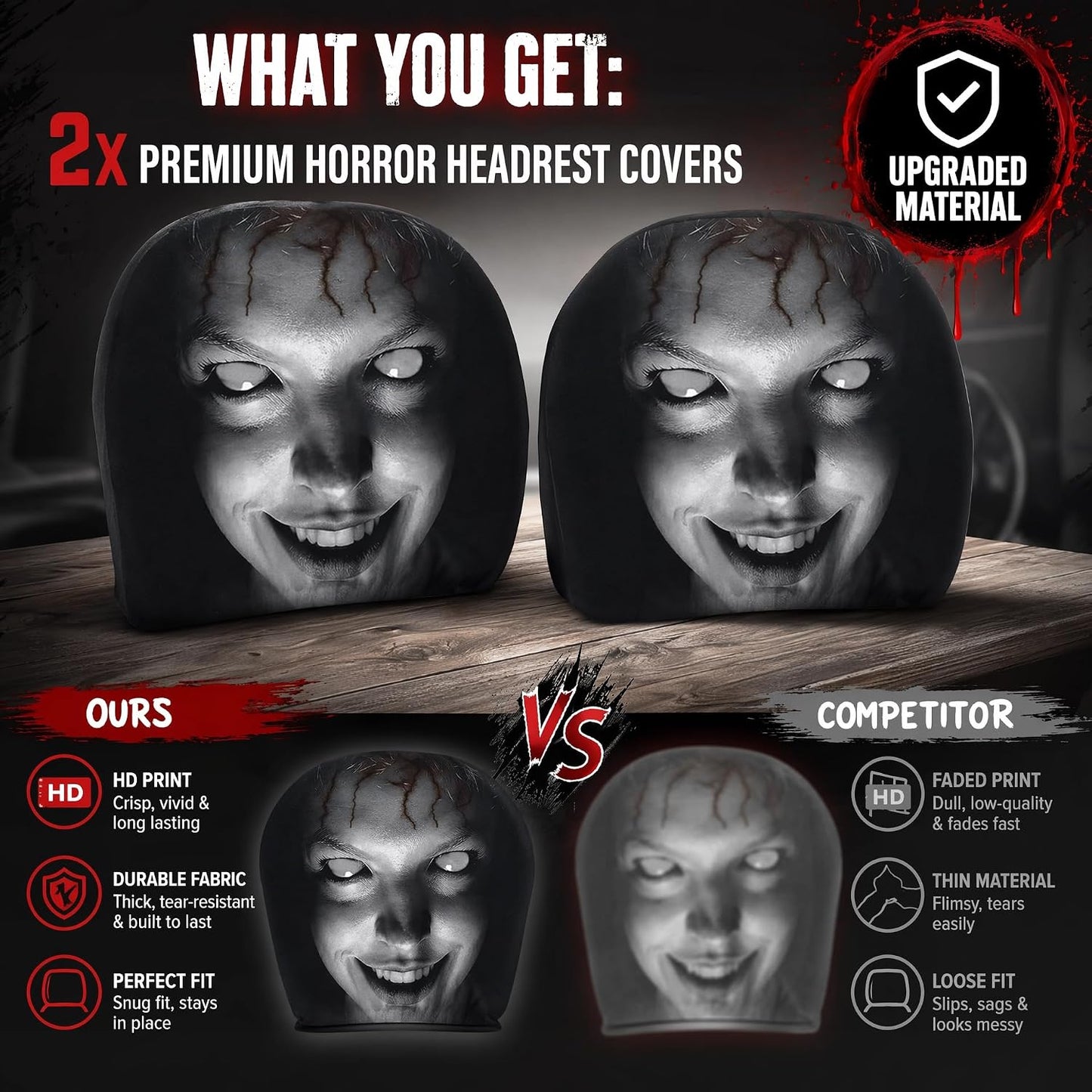 2-Pack Scary Car Headrest Covers, Halloween Car Decorations