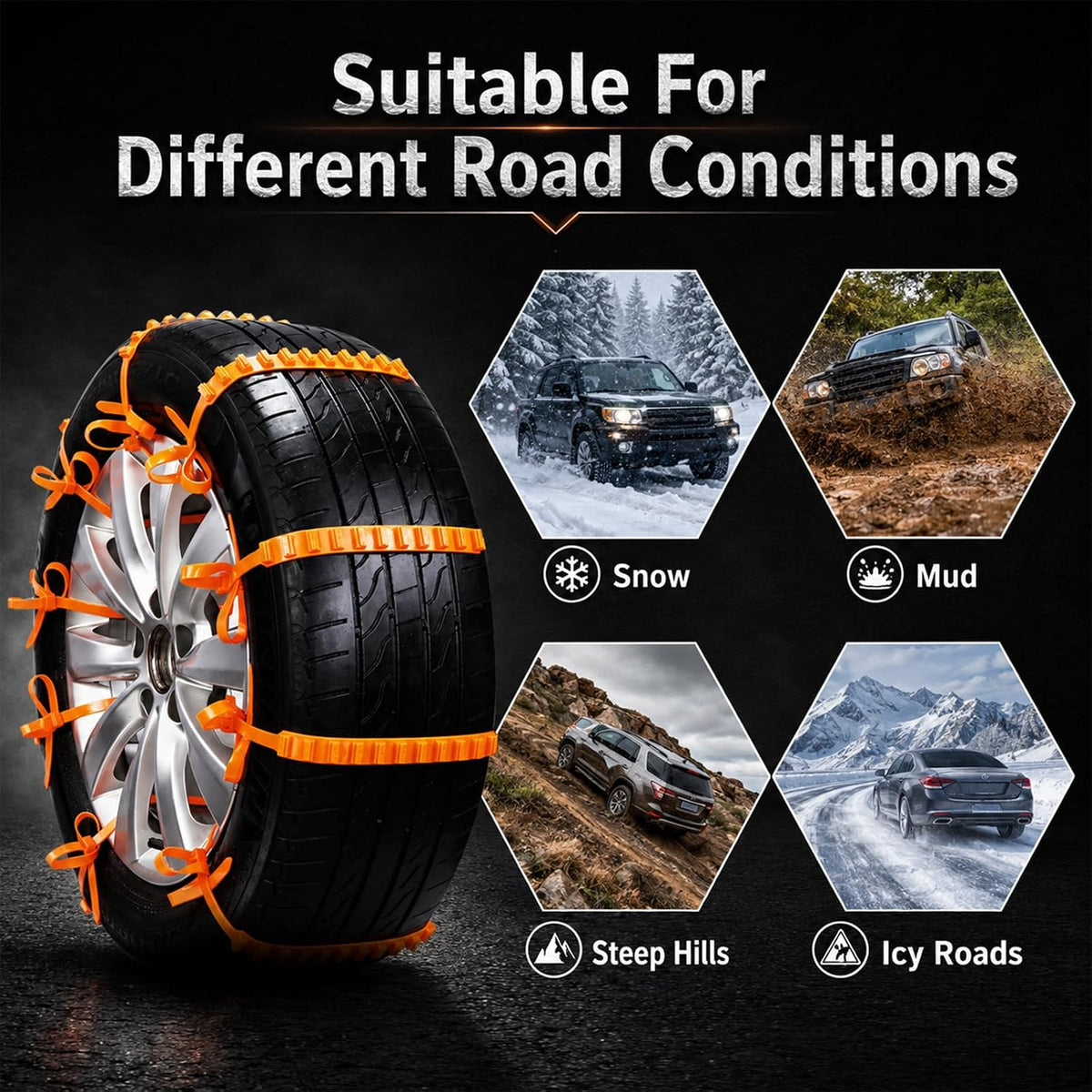 Tire traction straps shown for snow mud steep terrain and icy road conditions