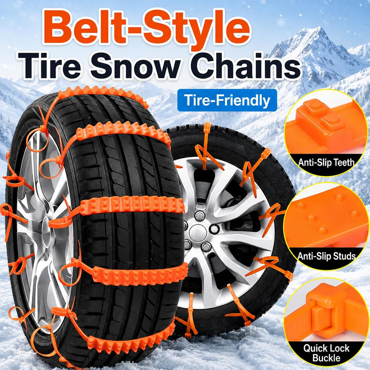 Belt-style tire traction straps with raised anti-slip teeth and quick locking buckle