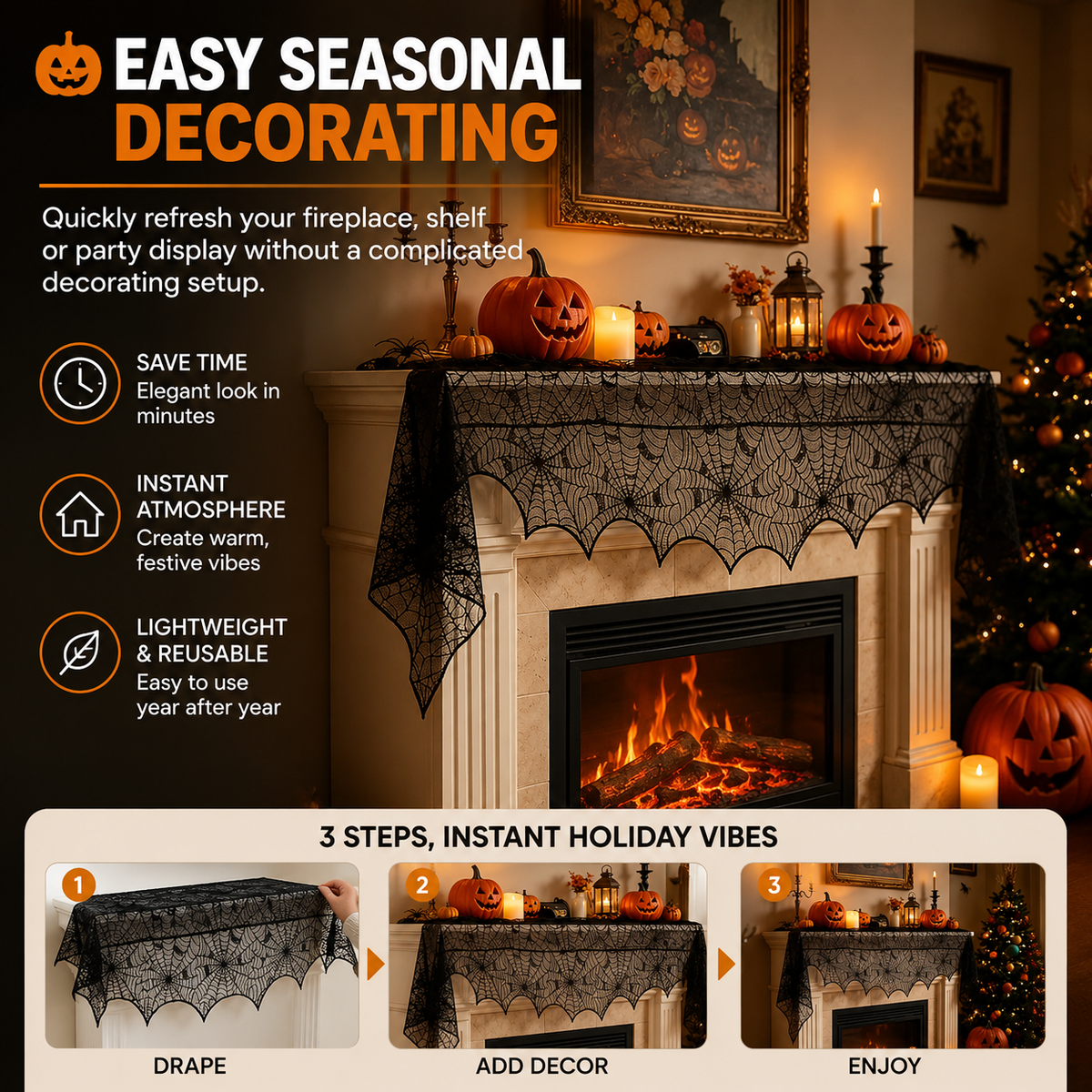 Halloween Lace Spiderweb Fireplace Decorative Towel