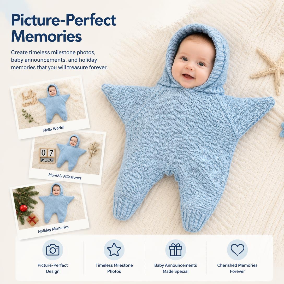 👶Baby starfish knitted bodysuit – cute hooded photo outfit