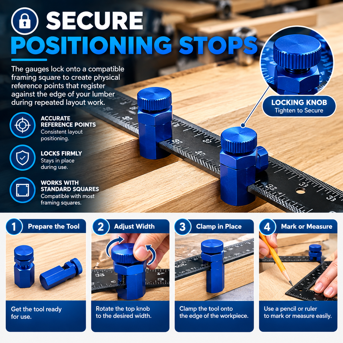 Positioning Stop Clamps for Stair Stringer, Rafter Layout & Circular Saw Guide