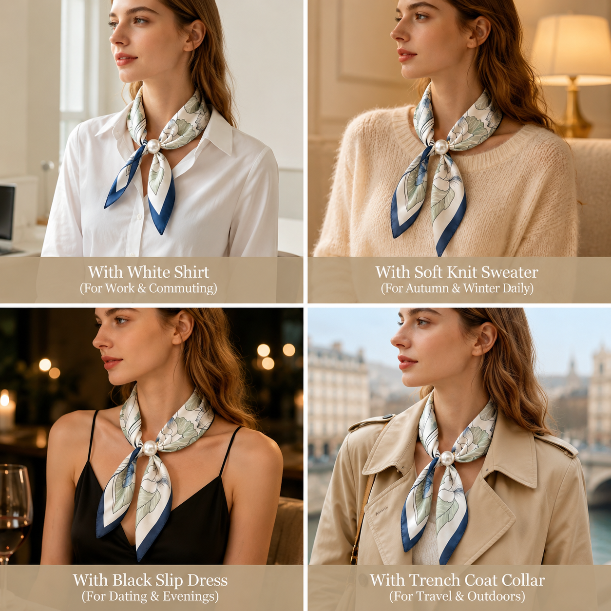 Lazy Snap-On Floral Satin Neck Scarf with Pearl Clasp
