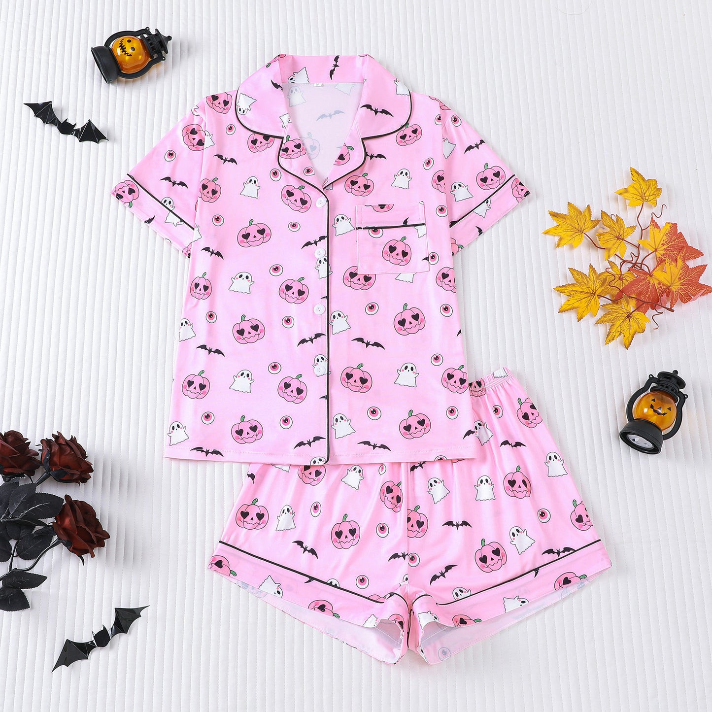 🎃👔Women's Halloween Printed Collar Short-Sleeved Shorts Pajama Set