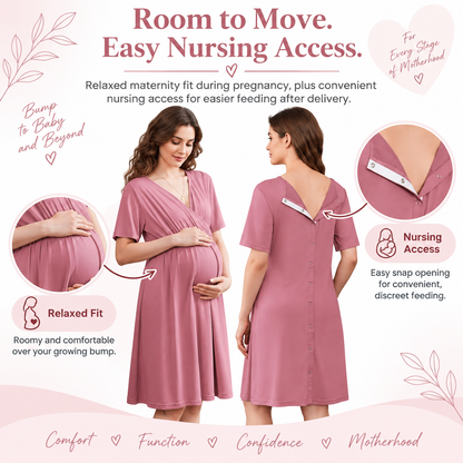 New V-neck Solid Color Maternity Nursing Short Sleeve Loose Breathable Dress