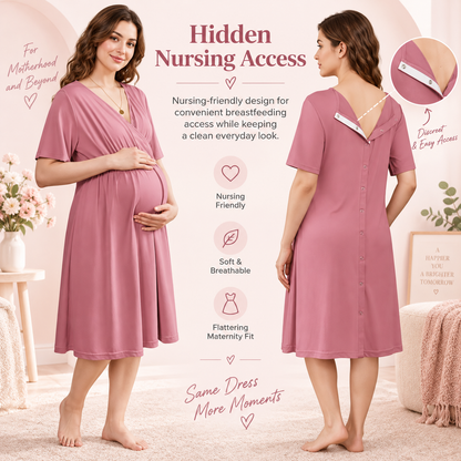 New V-neck Solid Color Maternity Nursing Short Sleeve Loose Breathable Dress