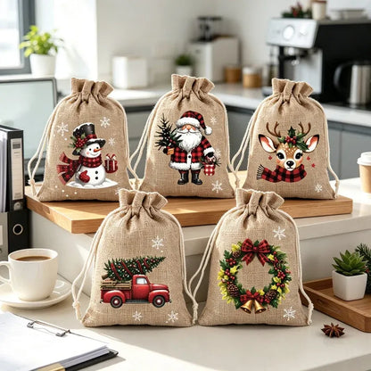 🎁 Christmas Drawstring Gift Bags – Festive Santa & Reindeer Prints, Double Drawstring Closure & Durable Fabric – Holiday Cheer in Every Gift ✨
