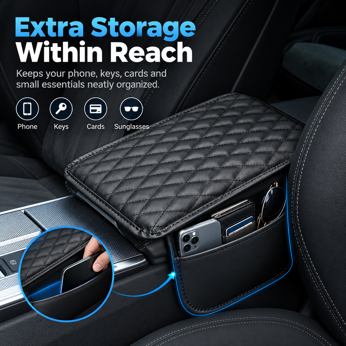 🚗Multi-functional car armrest box mat (with built-in storage bag)