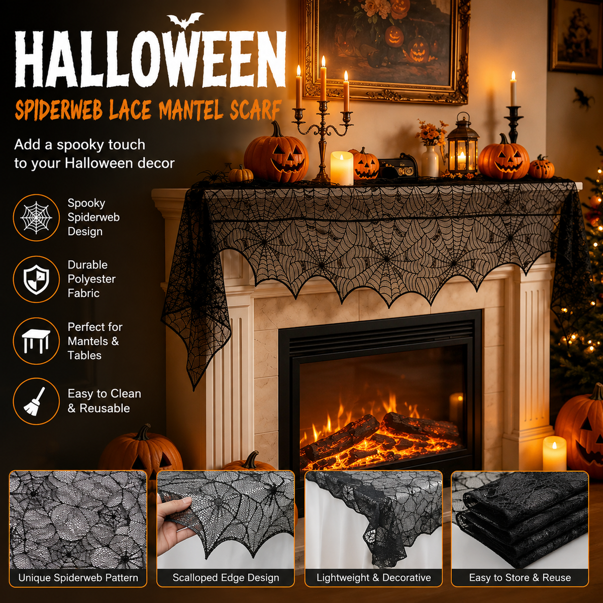Halloween Lace Spiderweb Fireplace Decorative Towel