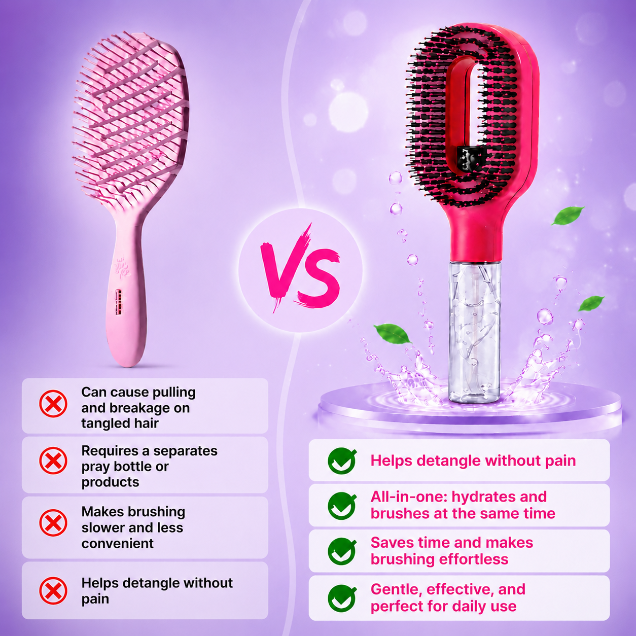 2‑in‑1 Spray Hair Brush, Refillable Detangling Styling Brush with Built‑in Water Spray