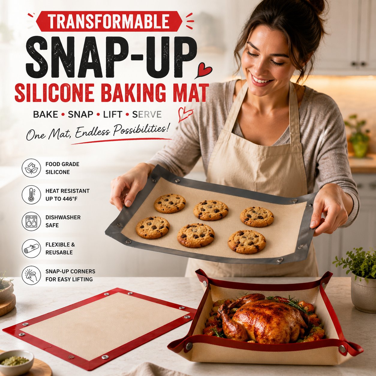 🍪 Transformable Snap-Up Silicone Baking Mat | 2-in-1 Non-Stick Baking Tray