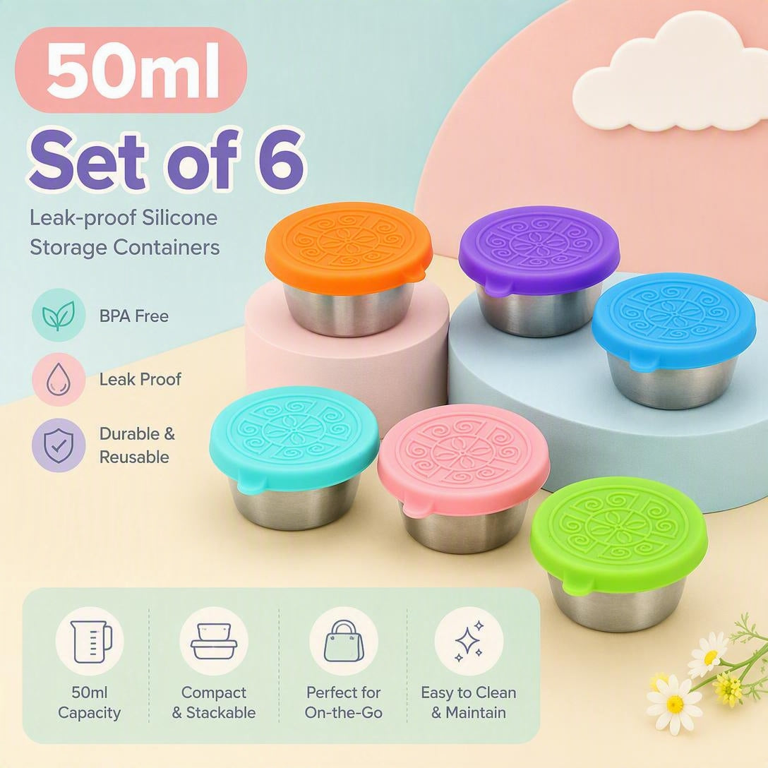 Stainless steel salad dressing takeaway container with Leakproof Silicone Lids（6Pcs）