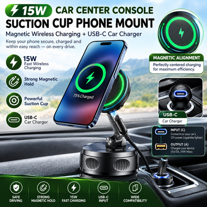 🚗Car Center Console Suction Cup Phone Holder - USB-C Car Charger