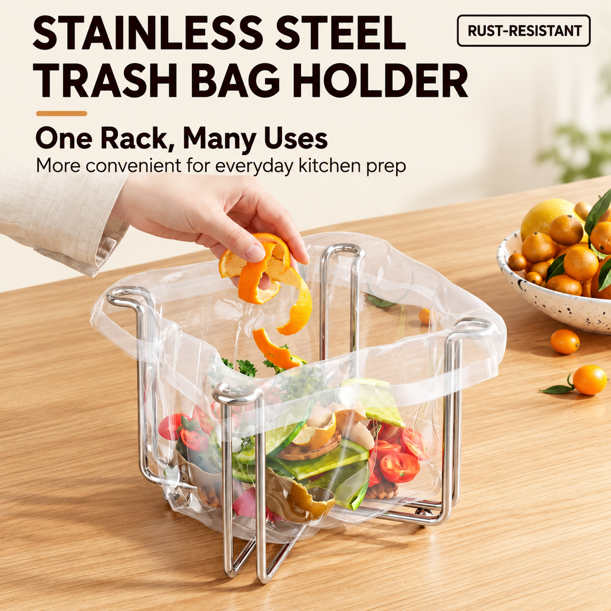 🗑️Collapsible 304 Stainless Steel Trash Bag Holder – Suitable for Sinkside, RVs, and Offices