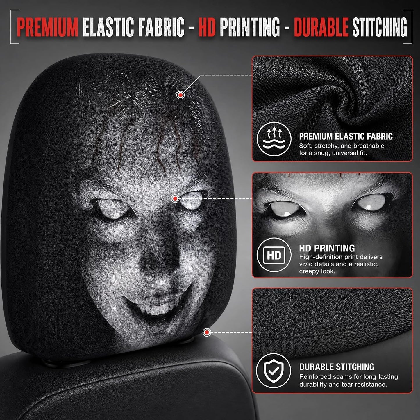 2-Pack Scary Car Headrest Covers, Halloween Car Decorations