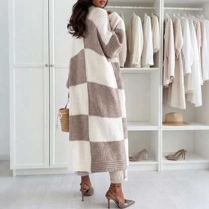 🧥Women's Oversized Color-Block Checkerboard Knit Long Cardigan Autumn Coat