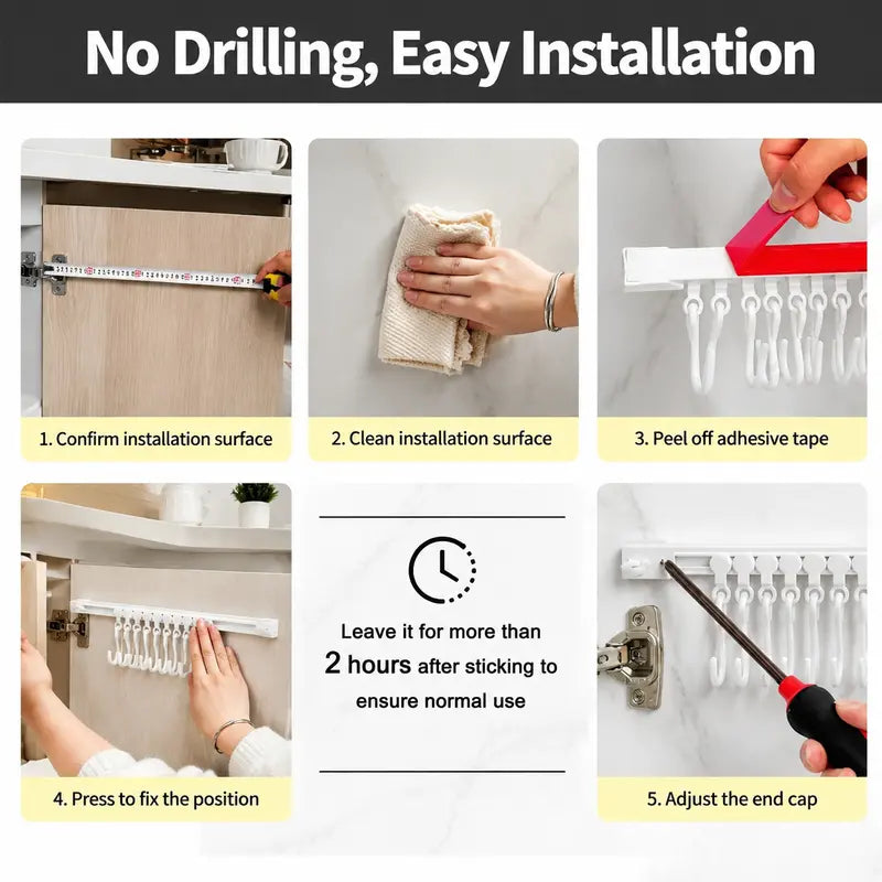 10-Hook Adjustable Multifunctional Slide Rail Adhesive Wall Organiser - Kitchen Utensil Holder