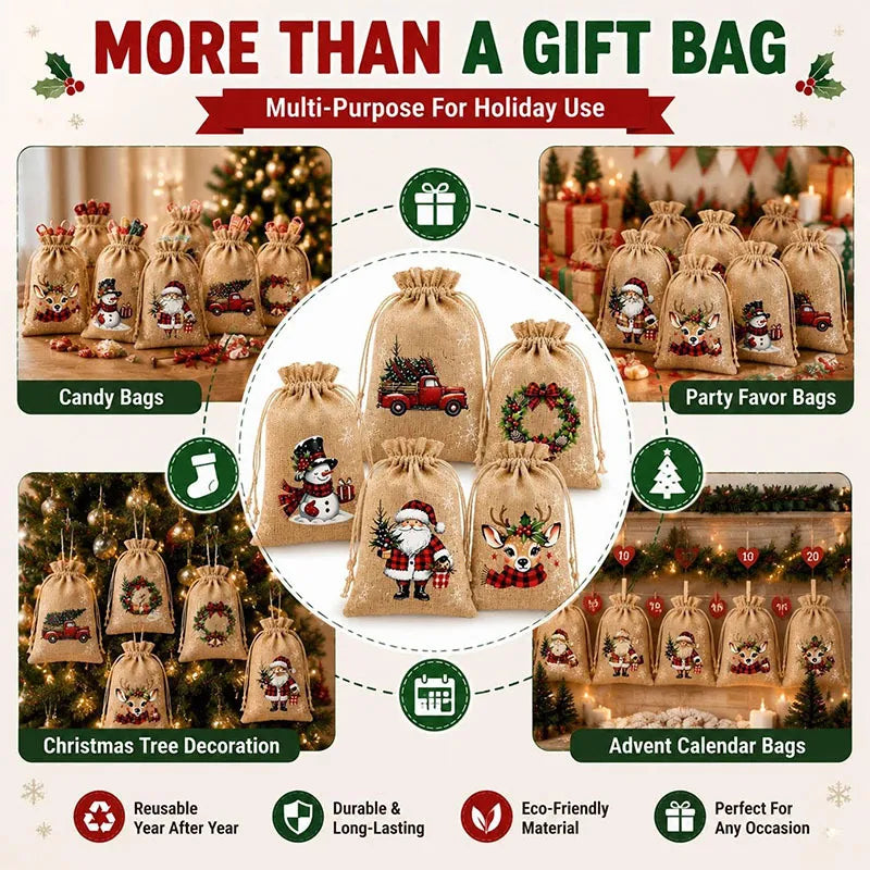 🎁 Christmas Drawstring Gift Bags – Festive Santa & Reindeer Prints, Double Drawstring Closure & Durable Fabric – Holiday Cheer in Every Gift ✨
