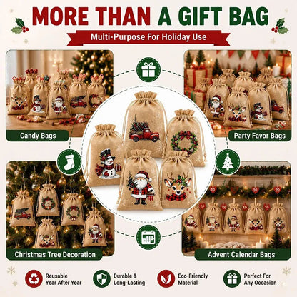 🎁 Christmas Drawstring Gift Bags – Festive Santa & Reindeer Prints, Double Drawstring Closure & Durable Fabric – Holiday Cheer in Every Gift ✨