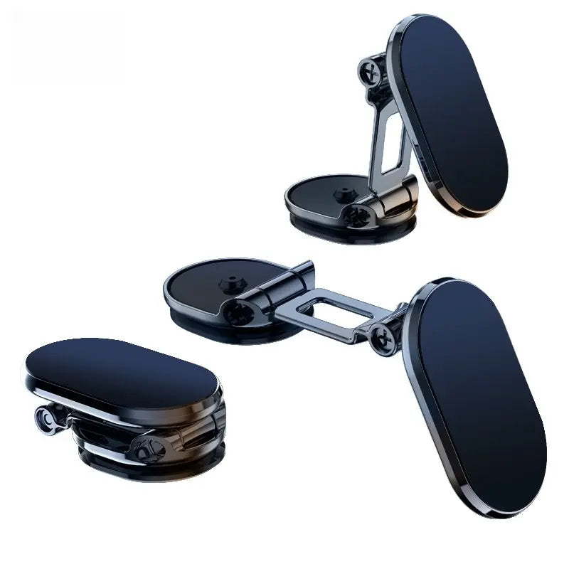 Foldable metal magnetic phone holder shown folded extended and upright
