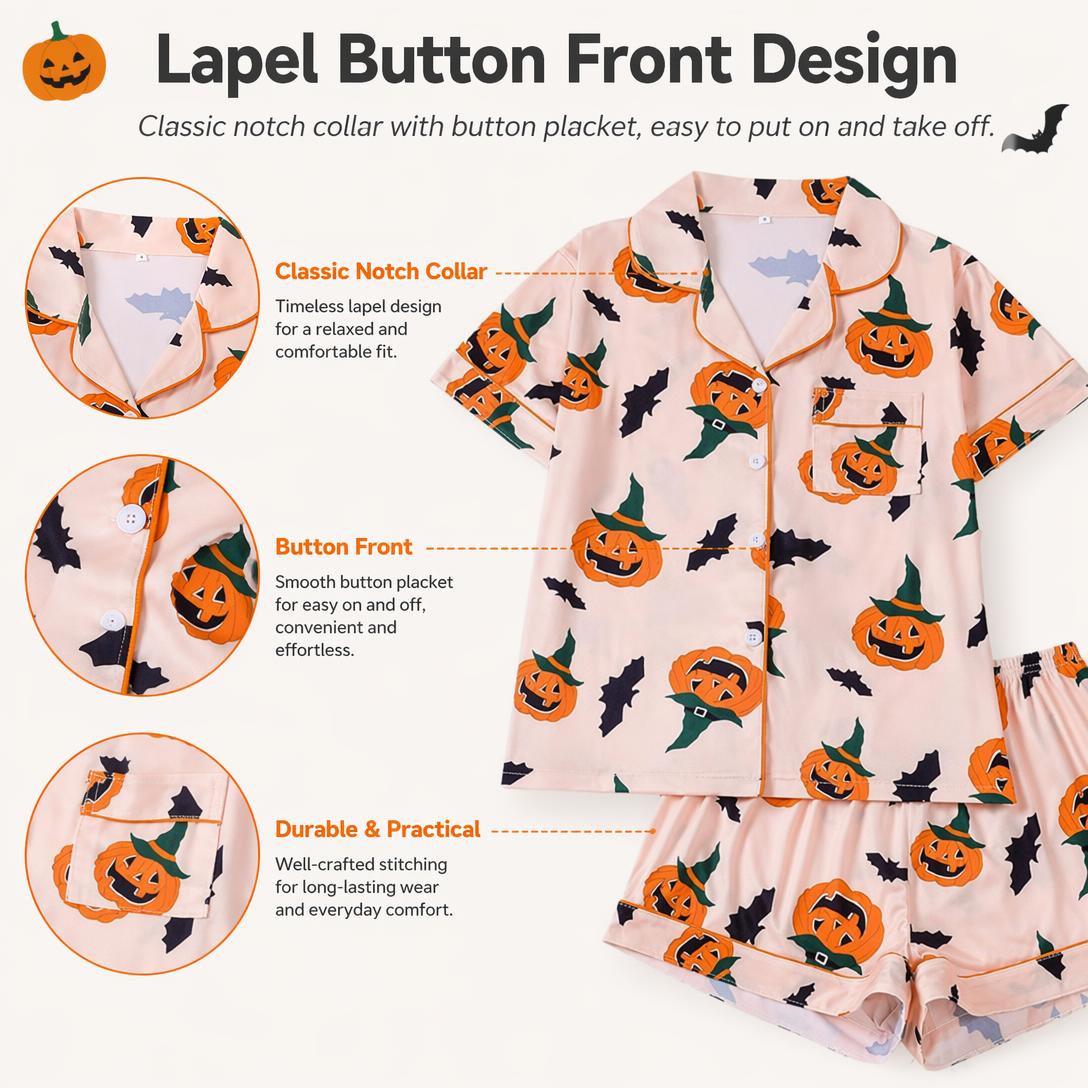 🎃👔Women's Halloween Printed Collar Short-Sleeved Shorts Pajama Set