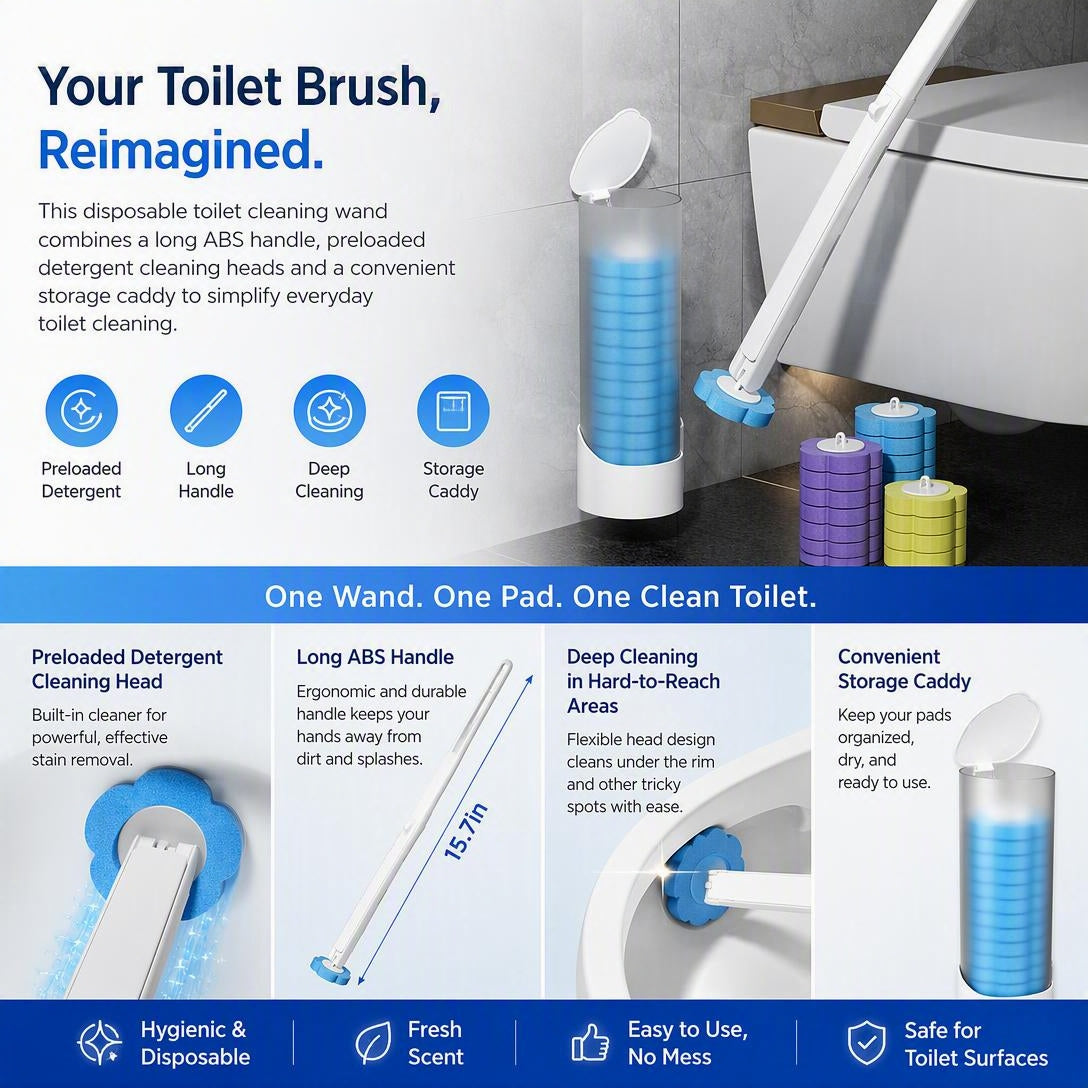 Disposable Toilet Brush Wall-Mounted With Replaceable Brush Heads.