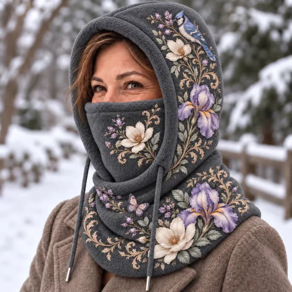 🌸 Women’s Floral 3-in-1 Winter Hood – Fleece-Lined Embroidered Hat, Face Cover & Neck Warmer