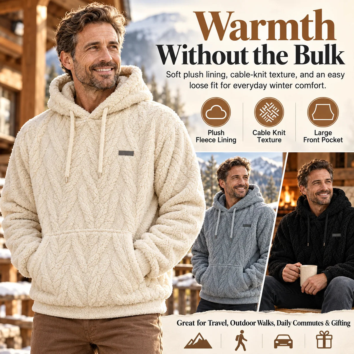 ✨Men's Warm Hooded Sweatshirt – Cable Knit Texture Pullover with Large Pocket, Loose Fit for Winter