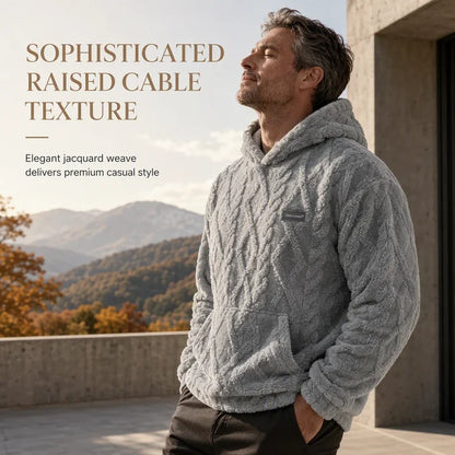 ✨Men's Warm Hooded Sweatshirt – Cable Knit Texture Pullover with Large Pocket, Loose Fit for Winter