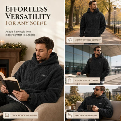 ✨Men's Warm Hooded Sweatshirt – Cable Knit Texture Pullover with Large Pocket, Loose Fit for Winter