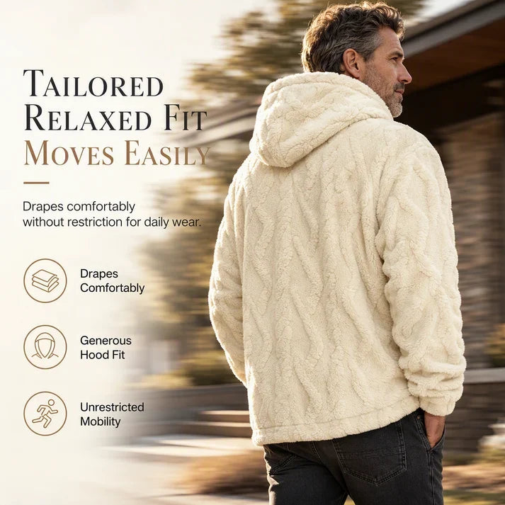 ✨Men's Warm Hooded Sweatshirt – Cable Knit Texture Pullover with Large Pocket, Loose Fit for Winter