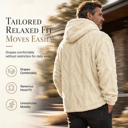 ✨Men's Warm Hooded Sweatshirt – Cable Knit Texture Pullover with Large Pocket, Loose Fit for Winter
