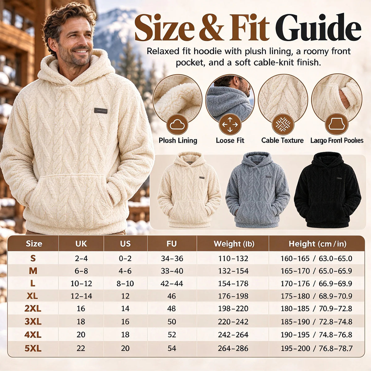 ✨Men's Warm Hooded Sweatshirt – Cable Knit Texture Pullover with Large Pocket, Loose Fit for Winter