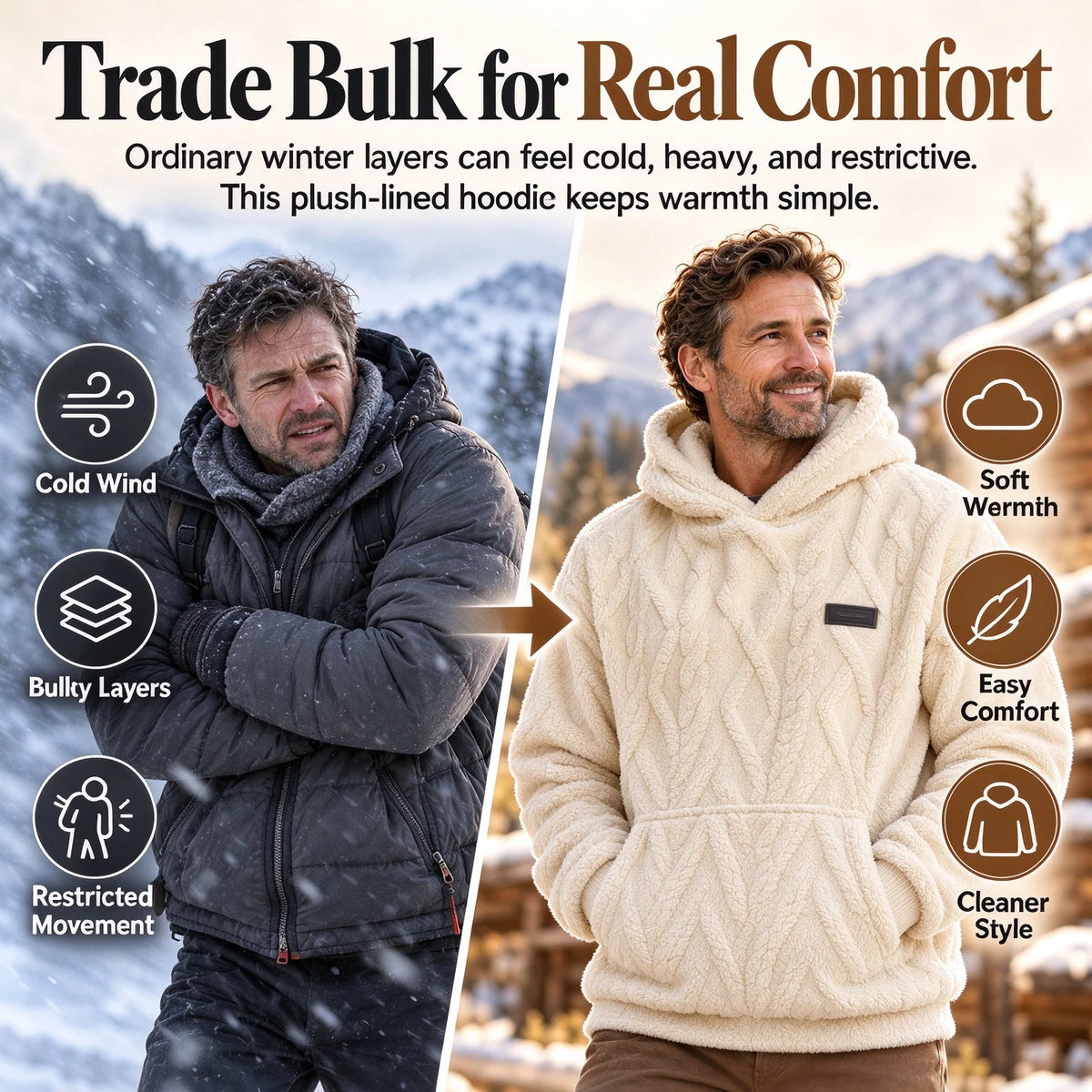 ✨Men's Warm Hooded Sweatshirt – Cable Knit Texture Pullover with Large Pocket, Loose Fit for Winter