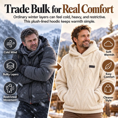 ✨Men's Warm Hooded Sweatshirt – Cable Knit Texture Pullover with Large Pocket, Loose Fit for Winter