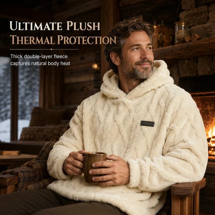✨Men's Warm Hooded Sweatshirt – Cable Knit Texture Pullover with Large Pocket, Loose Fit for Winter
