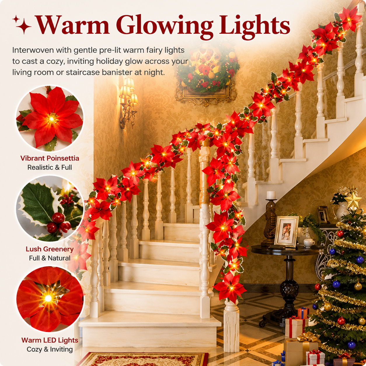 🌹LED Christmas Red and Poinsettia Wreath