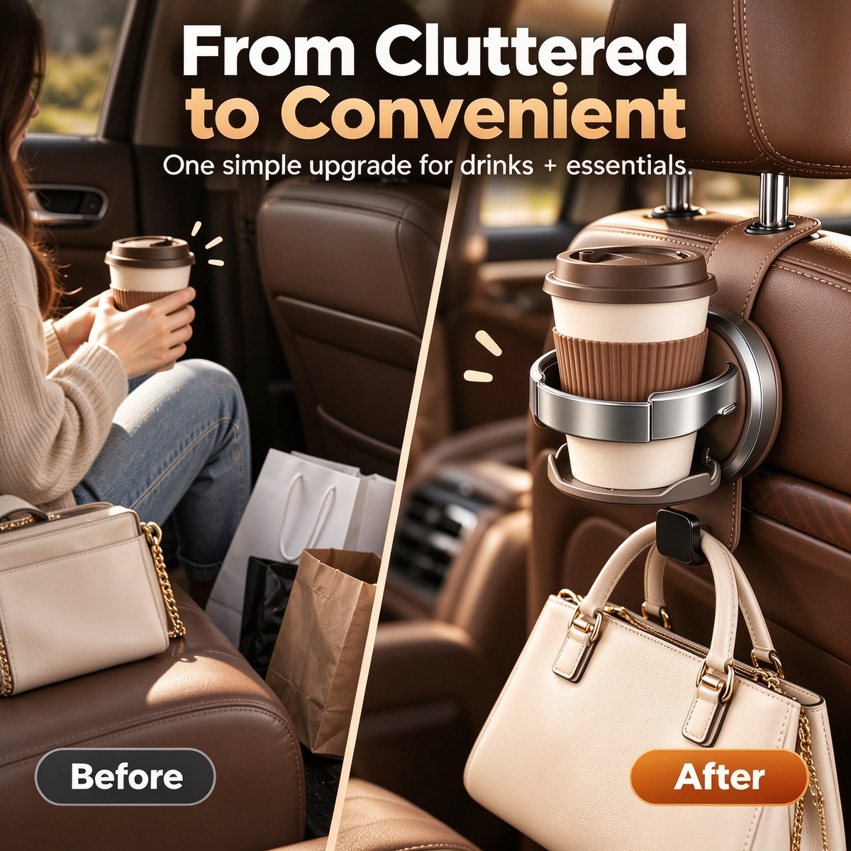 Foldable Car Seat Cup Holder with Hook